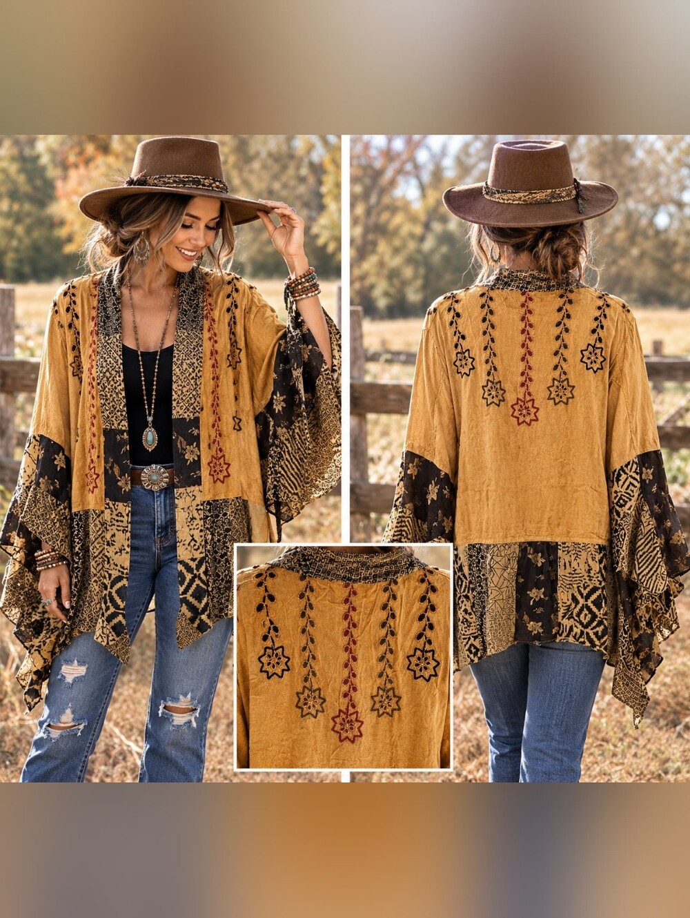 Young Threads Patchwork Embroidered Open Front Kimono Cardigan Brown & Black L N